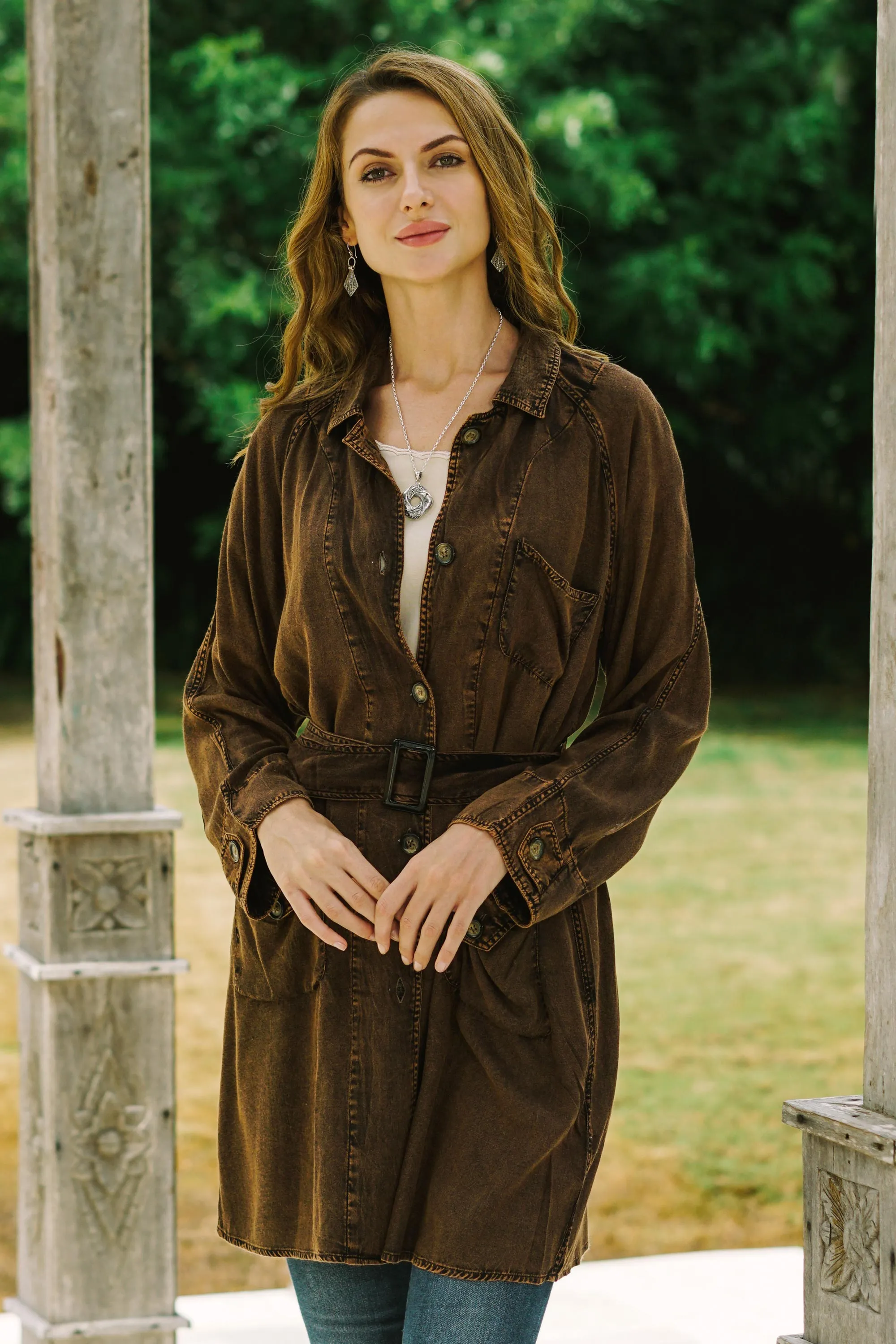 Stone Washed Brown Viscose Trench Coat - Jaipur Fall | NOVICA