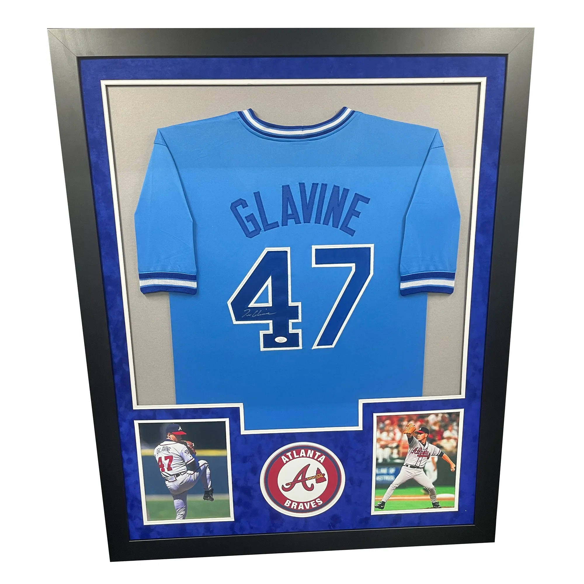 Tom Glavine Signed Atlanta Blue Custom Double-Suede Framed baseball Jersey (JSA)