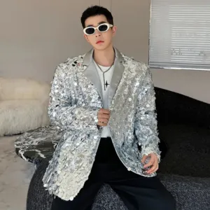 Trendy Sequin Blazer Men Niche Design Korean Chic Male Suit Jacket Temperament Lapel Single Breasted Top Spring 9C3764