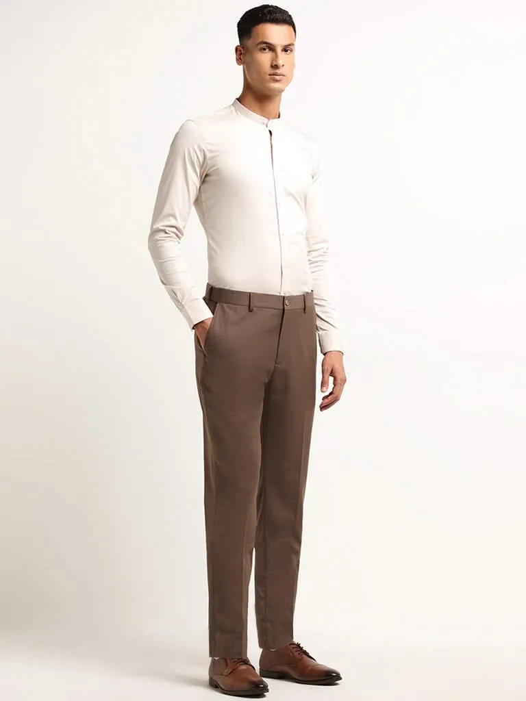 WES Formals Dark Brown Mid Rise Slim Fit Trousers