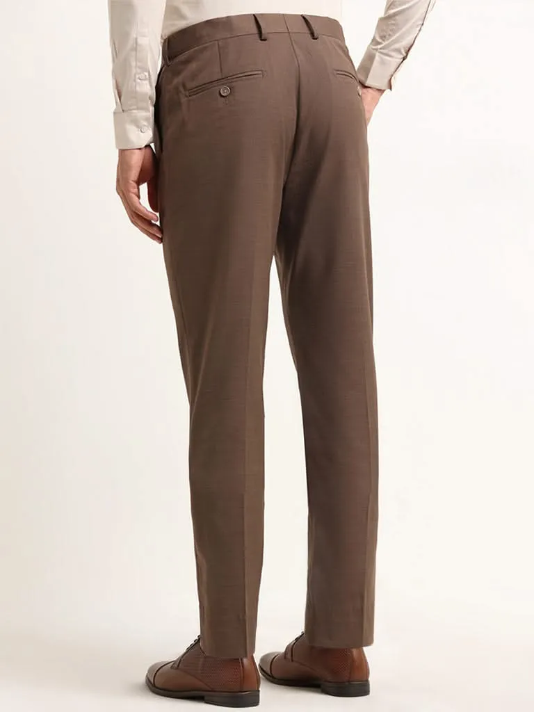 WES Formals Dark Brown Mid Rise Slim Fit Trousers