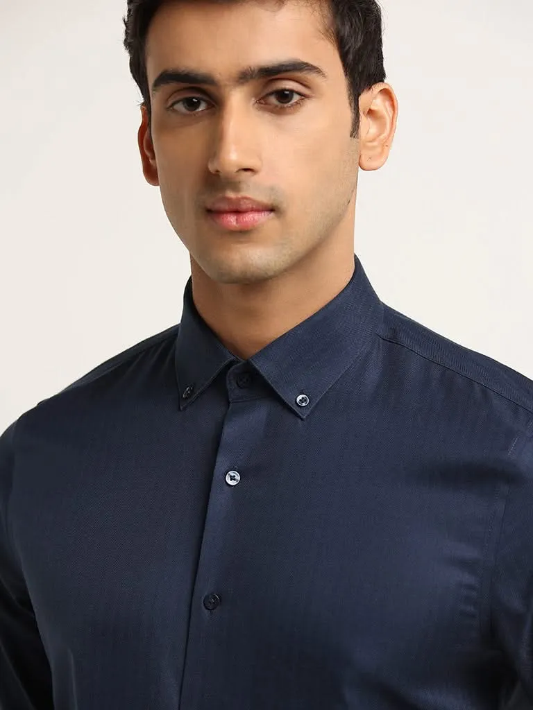 WES Formals Navy Cotton Slim Fit Shirt