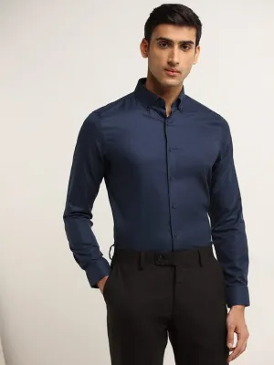 WES Formals Navy Cotton Slim Fit Shirt