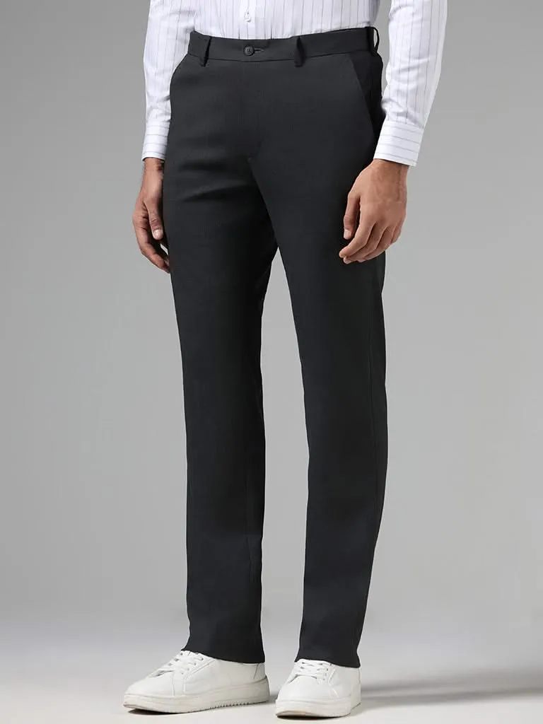 WES Formals Solid Charcoal Slim-Fit Mid-Rise Trousers