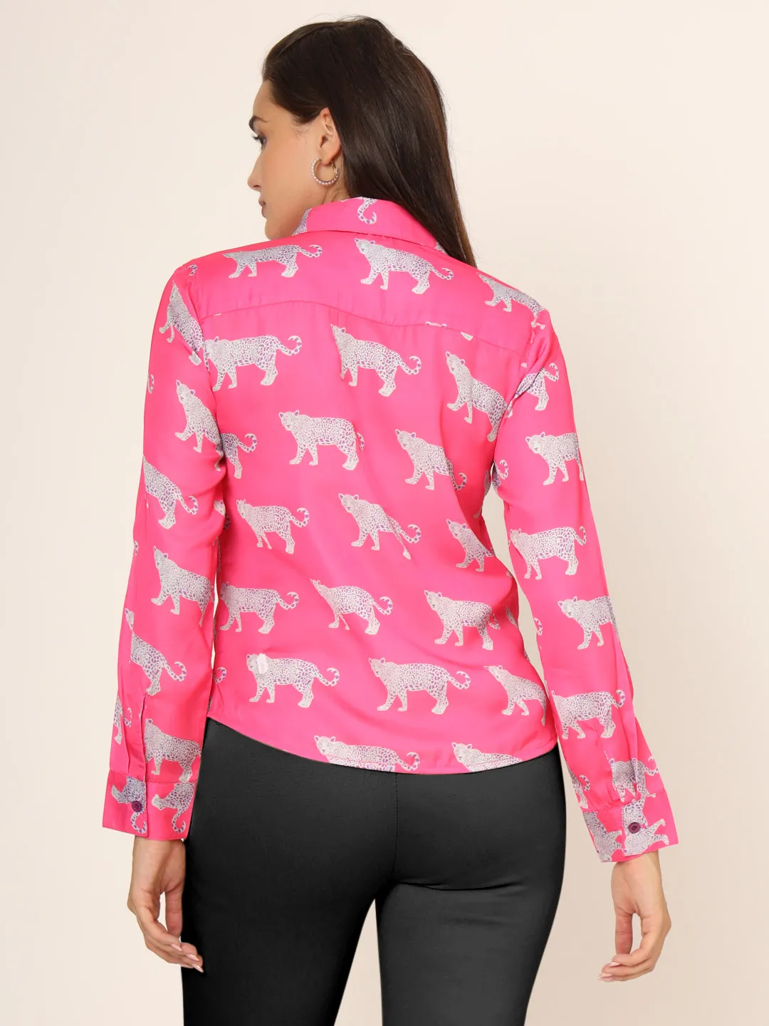 Women Slim Fit Animal Printed Spread Collar Casual Pink Shirt