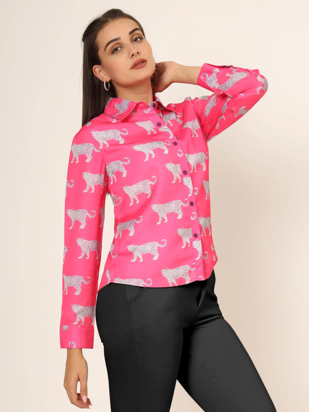 Women Slim Fit Animal Printed Spread Collar Casual Pink Shirt