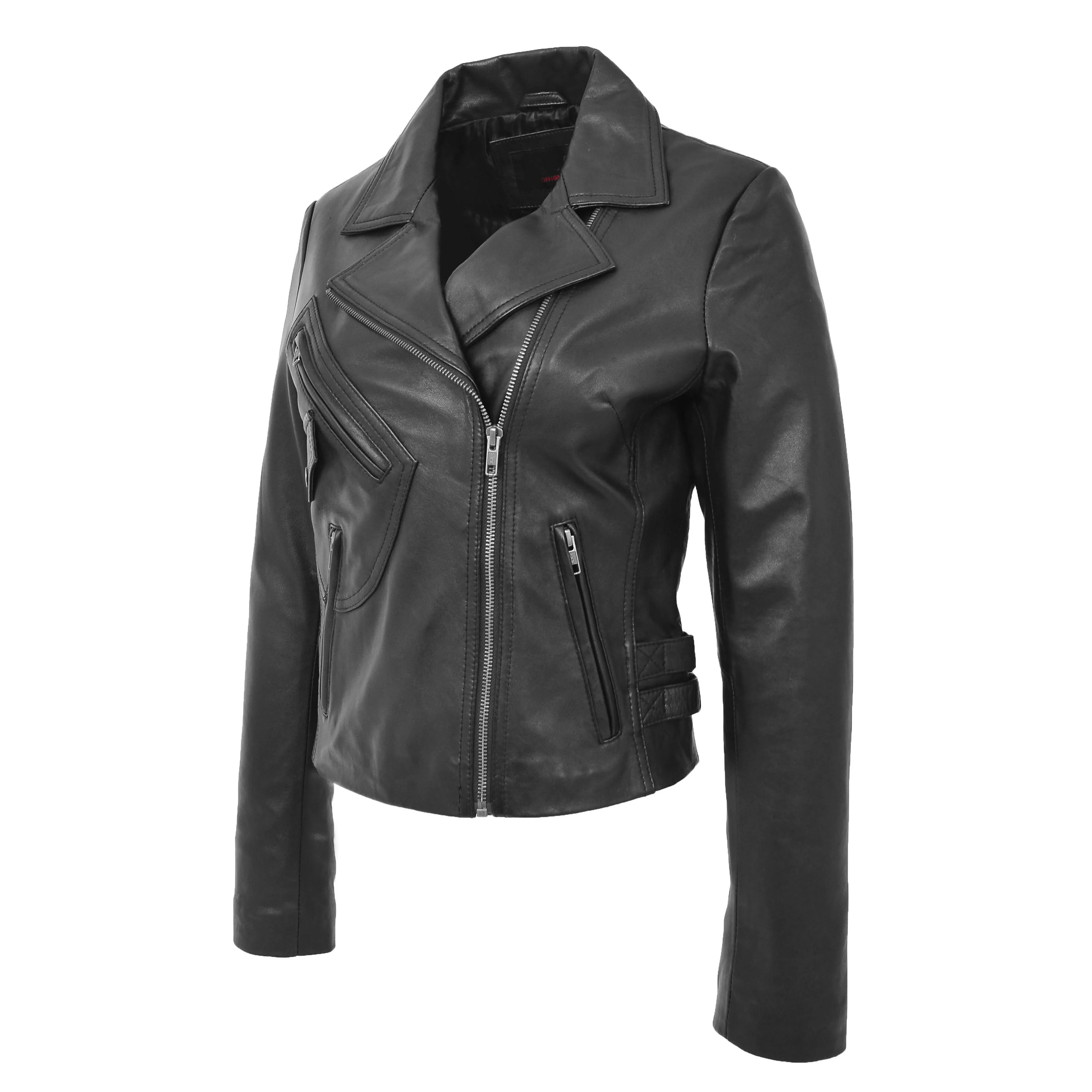 Womens Luxurious Black Leather Biker Jacket Italian Designer Coat Caily