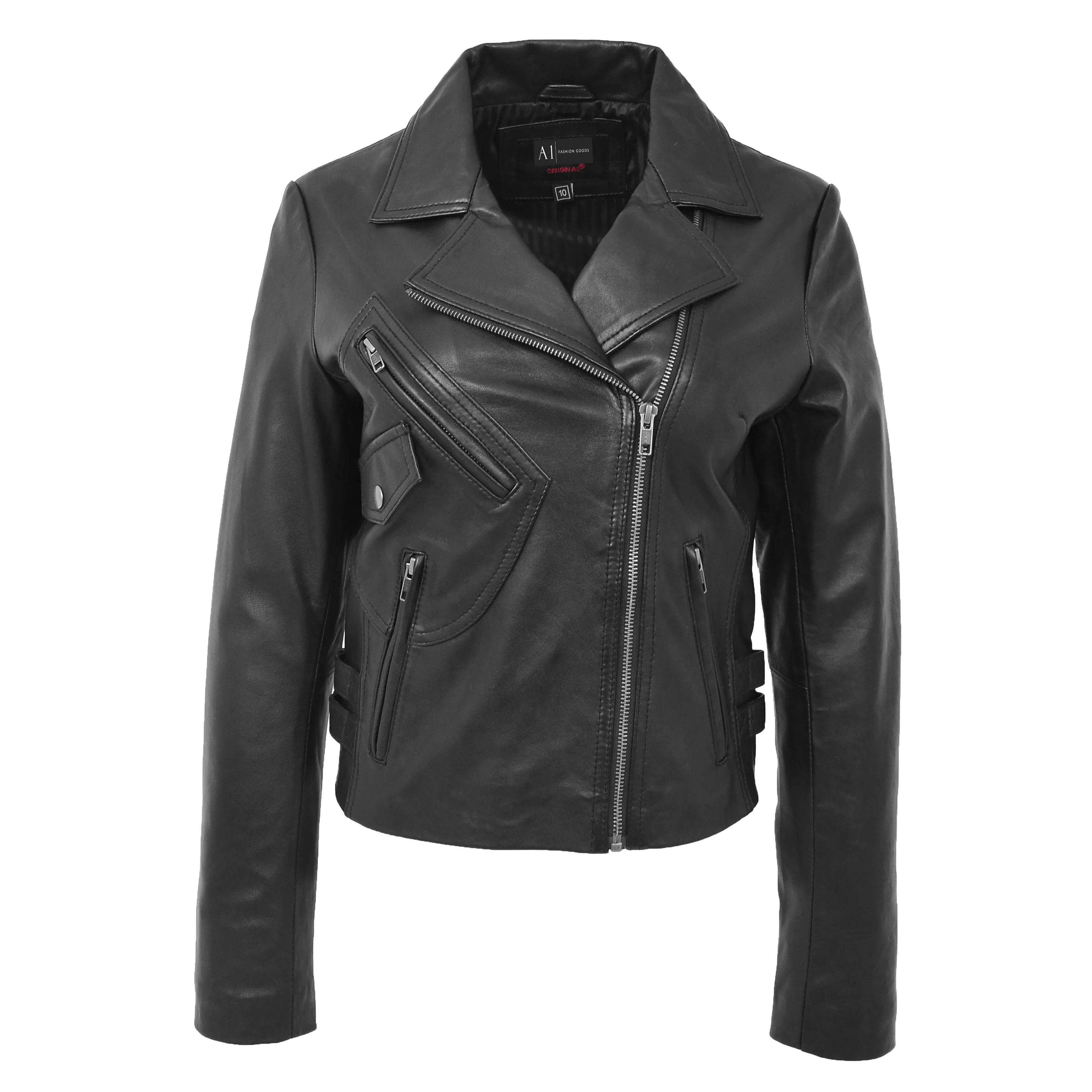 Womens Luxurious Black Leather Biker Jacket Italian Designer Coat Caily