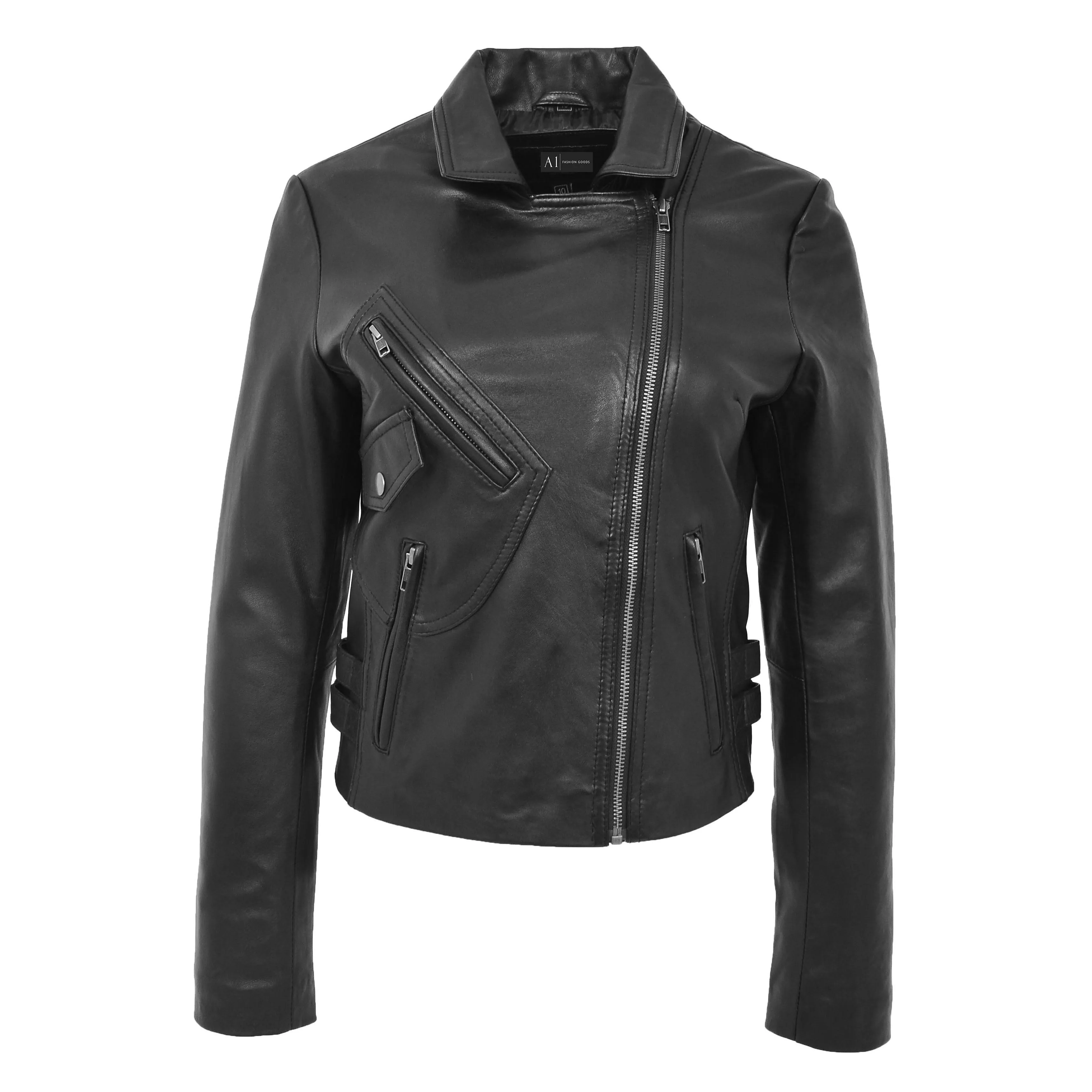 Womens Luxurious Black Leather Biker Jacket Italian Designer Coat Caily