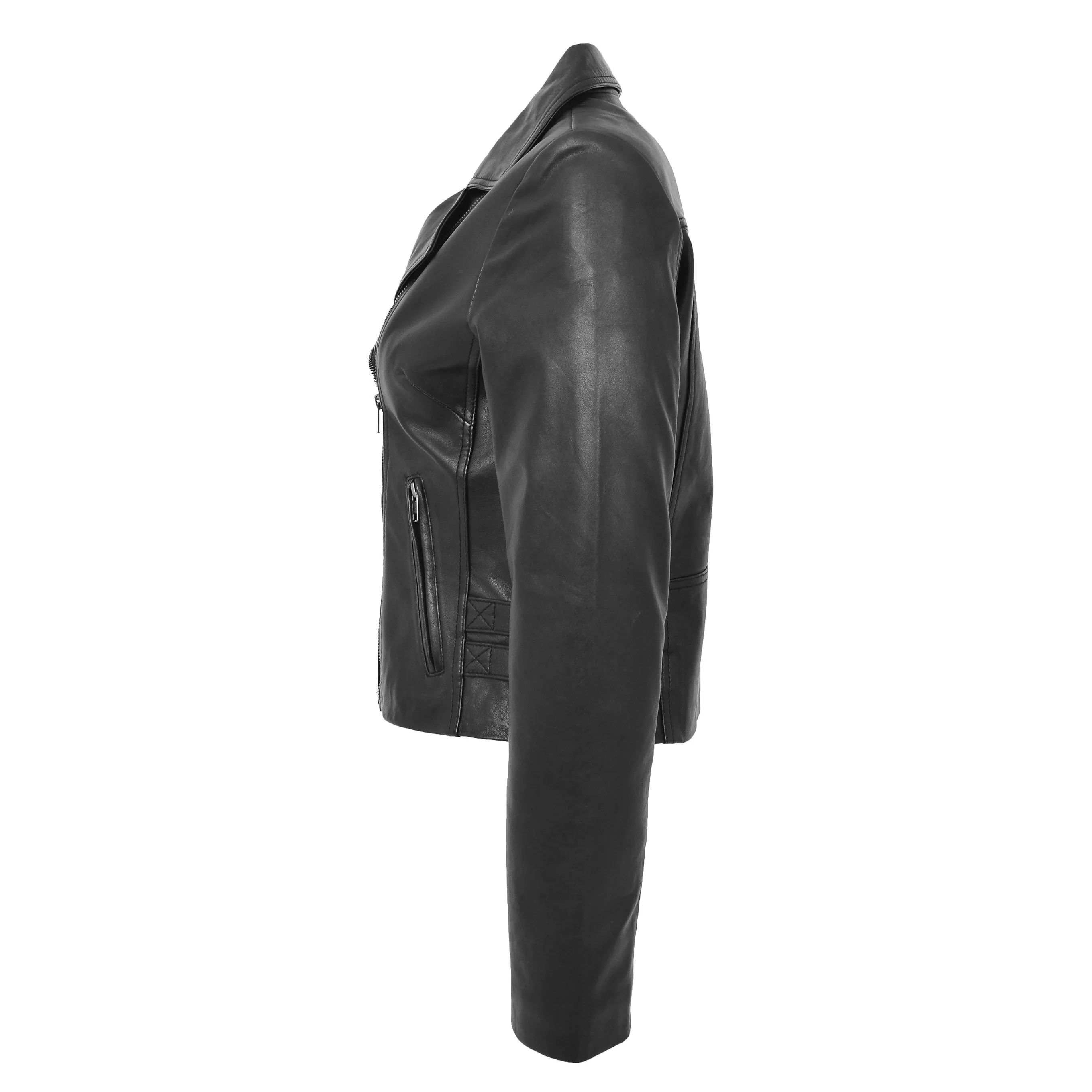 Womens Luxurious Black Leather Biker Jacket Italian Designer Coat Caily