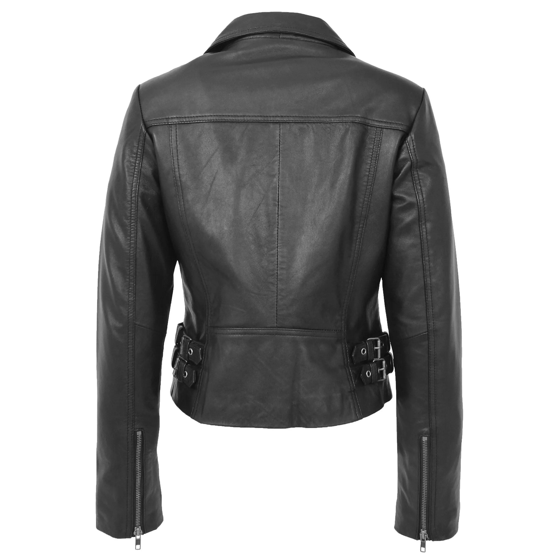 Womens Luxurious Black Leather Biker Jacket Italian Designer Coat Caily