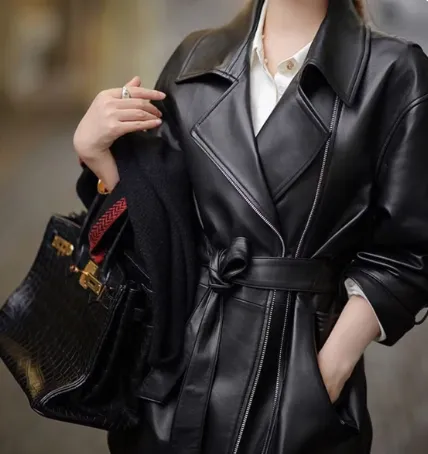 Women's Mid-Length Sheepskin Leather Trench Coat