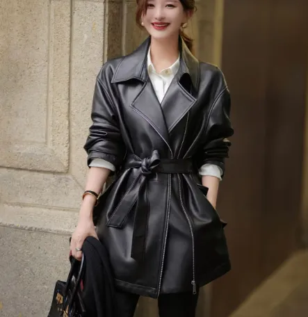 Women's Mid-Length Sheepskin Leather Trench Coat