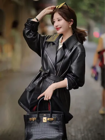 Women's Mid-Length Sheepskin Leather Trench Coat