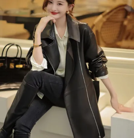 Women's Mid-Length Sheepskin Leather Trench Coat