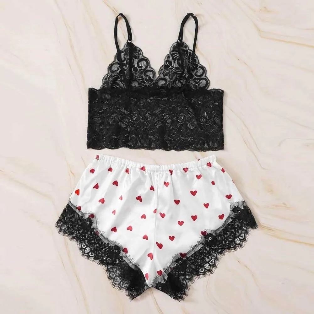 Women's   Satin Lace Camisole and Heart Shorts Set