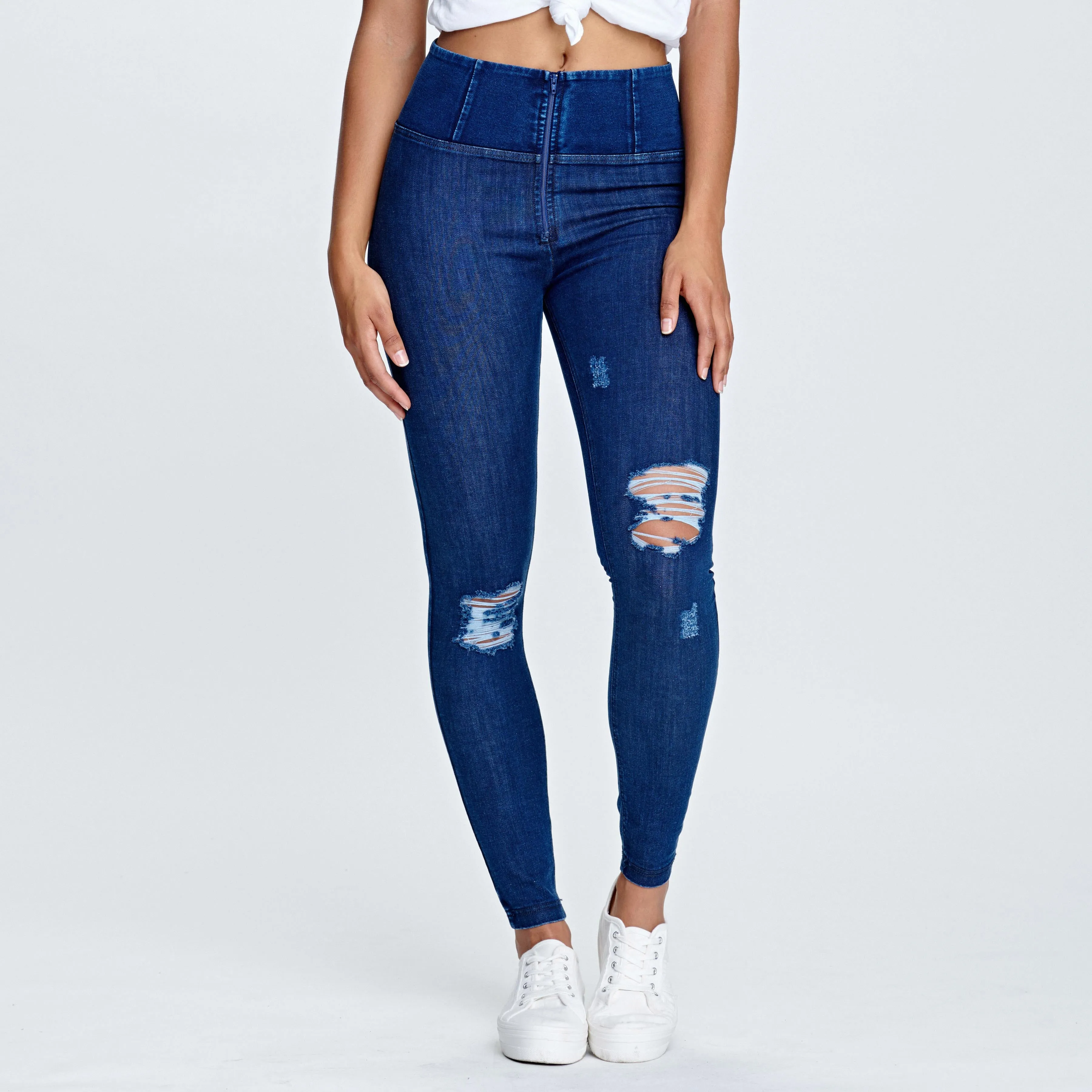 WR.UP® Distressed Denim - High Waist -  Full Length - Dark Blue   Blue Stitching