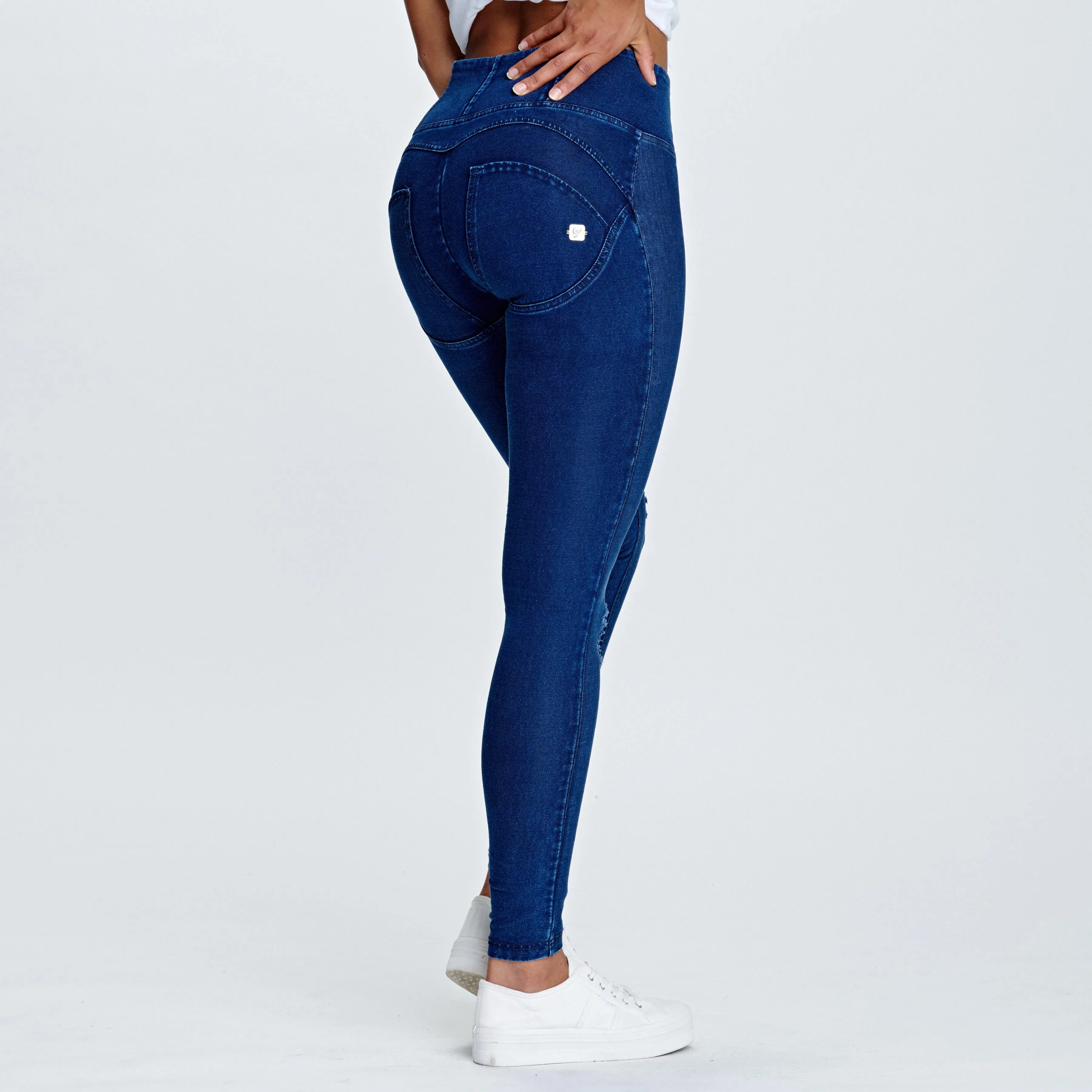 WR.UP® Distressed Denim - High Waist -  Full Length - Dark Blue   Blue Stitching